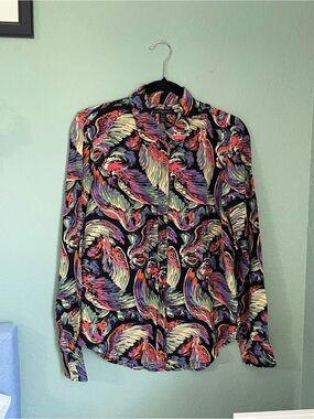 True Religion Silk Angel Wing All Around Print Button Collar Long Sleeve Blouse